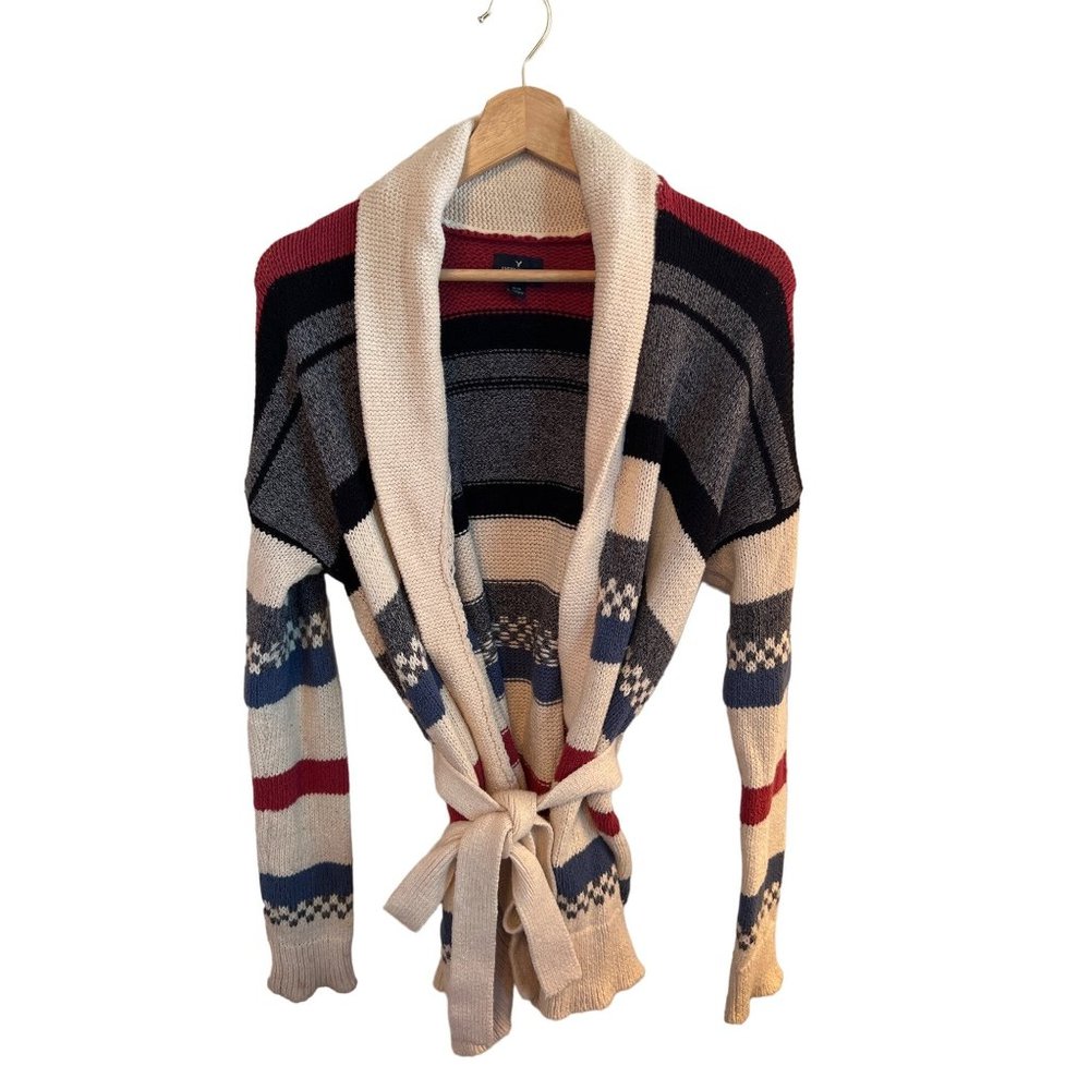 American Eagle Cream Pink Gray Sweater Cardigan Women's Size Medium Tie Waist